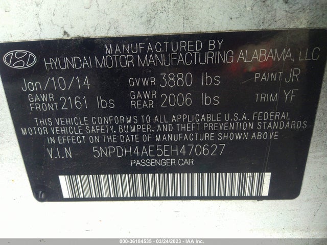 2014 HYUNDAI ELANTRA LIMITED VIN: 5NPDH4AE5EH470627