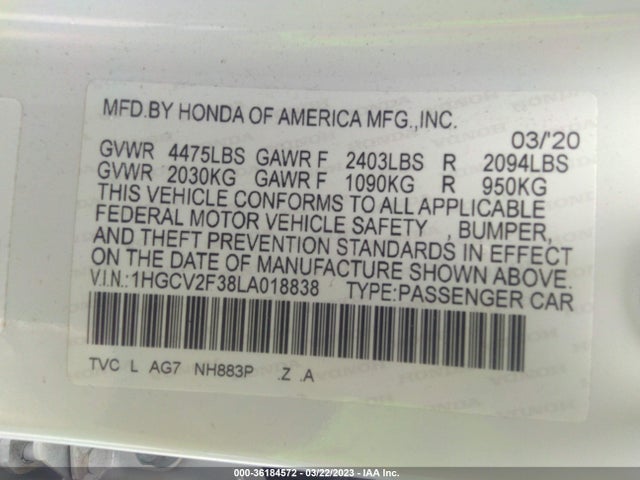 2020 HONDA ACCORD SEDAN SPORT VIN: 1HGCV2F38LA018838