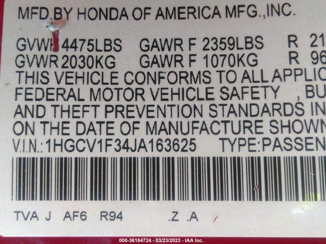 2018 HONDA ACCORD SEDAN SPORT 1.5T VIN: 1HGCV1F34JA163625