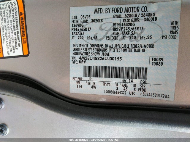 2006 MERCURY MOUNTAINEER PREMIER VIN: 4M2EU48826UJ00155