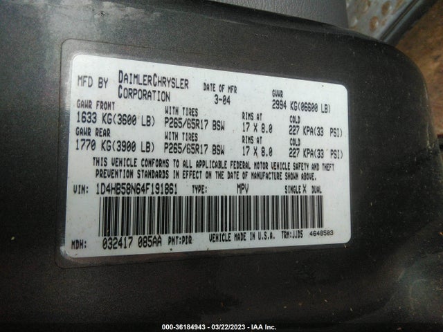 Dodge DURANGO LIMITED 2004 1D4HB58N64F191861 Image 11