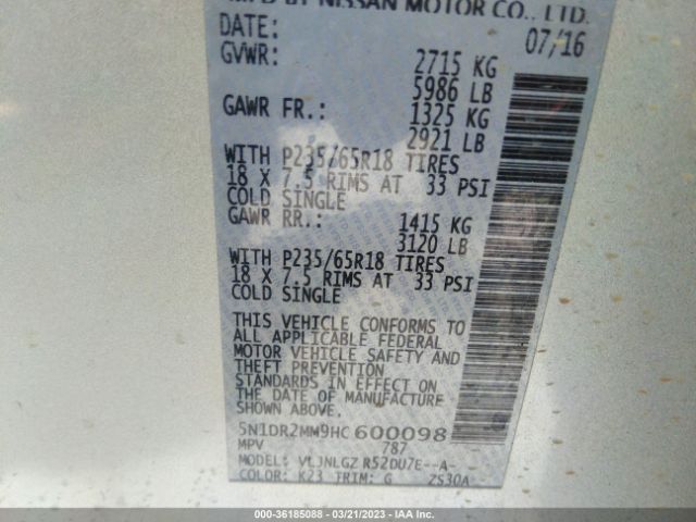 5N1DR2MM9HC600098 Nissan Pathfinder Sl