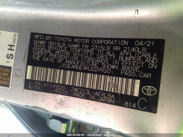 Toyota Corolla Hybrid Le 2021 JTDEAMDE9MJ029920 Image 9