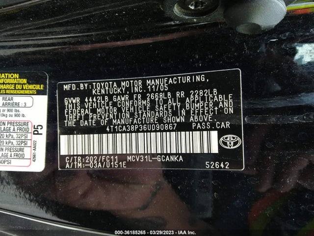 2006 TOYOTA CAMRY SOLARA SE/SPT/SLE V6 VIN: 4T1CA38P36U090867
