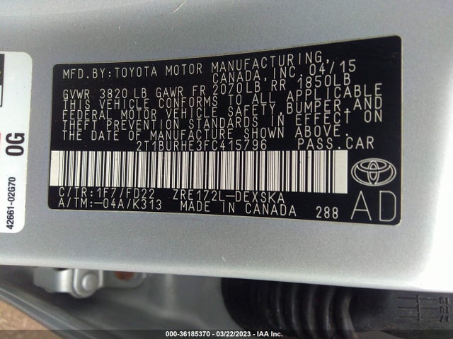 2015 TOYOTA COROLLA L/LE/S/S PLUS/LE PLUS VIN: 2T1BURHE3FC415796