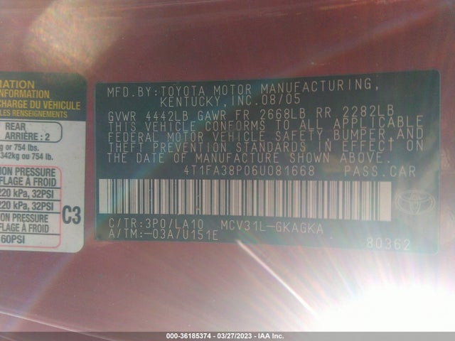 2006 TOYOTA CAMRY SOLARA V6 VIN: 4T1FA38P06U081668
