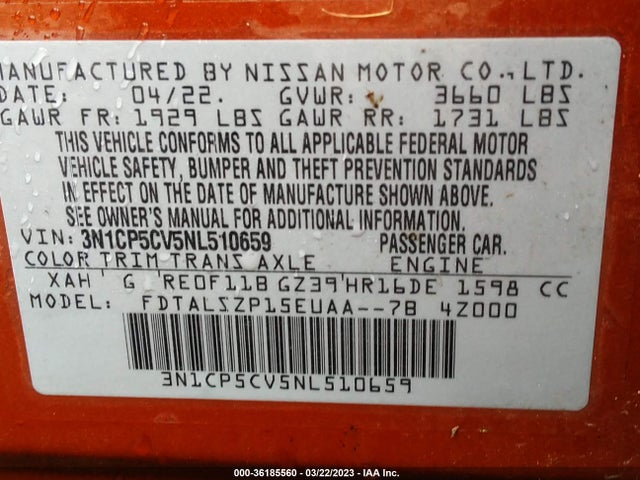 2022 NISSAN KICKS SV VIN: 3N1CP5CV5NL510659