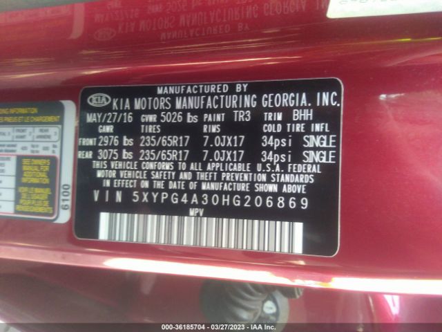 5XYPG4A30HG206869 KIA SORENTO LX