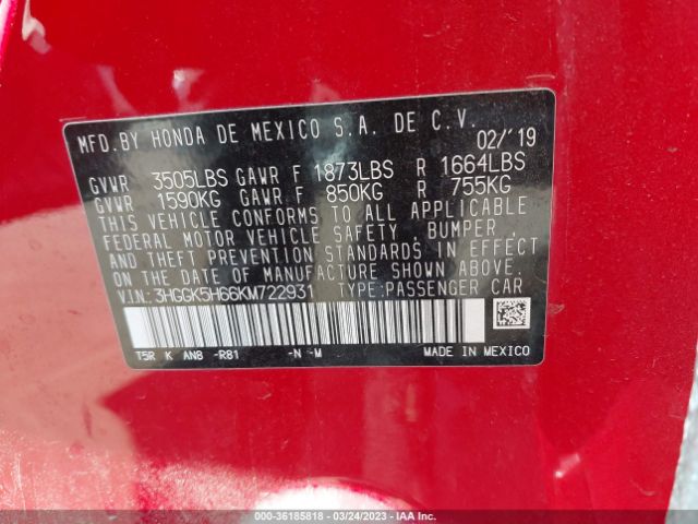 3HGGK5H66KM722931 Honda Fit Sport