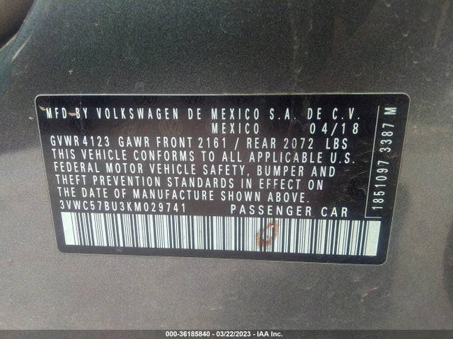 3VWC57BU3KM029741 Volkswagen Jetta S/se/r-line