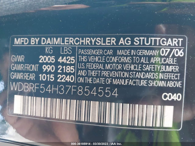 2007 MERCEDES-BENZ C-CLASS 3.0L LUXURY VIN: WDBRF54H37F854554