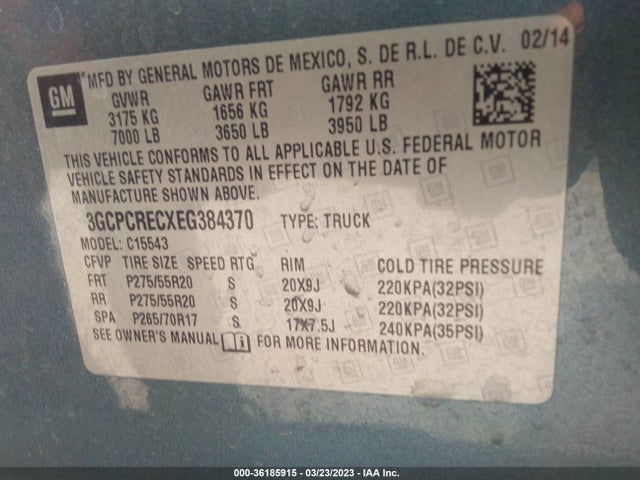 2014 CHEVROLET SILVERADO 1500 LT VIN: 3GCPCRECXEG384370