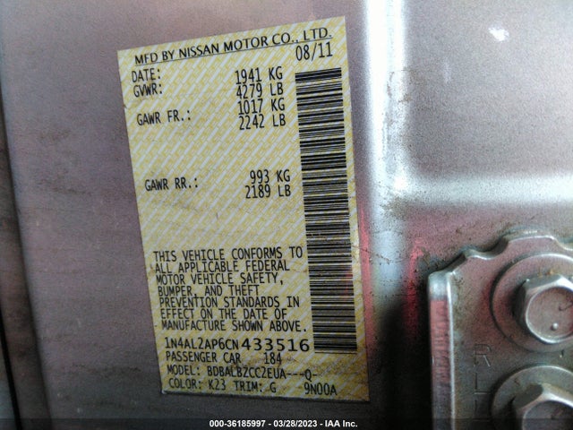 2012 NISSAN ALTIMA 2.5 S VIN: 1N4AL2AP6CN433516