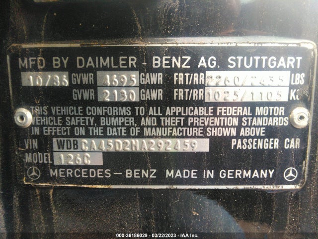 1987 MERCEDES-BENZ 560 SEC VIN: WDBCA45D2HA292459
