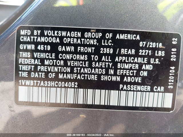 1VWBT7A33HC004052 Volkswagen Passat 1.8t Se