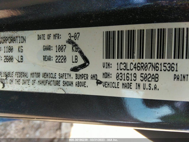 2007 CHRYSLER SEBRING SDN VIN: 1C3LC46R07N615361