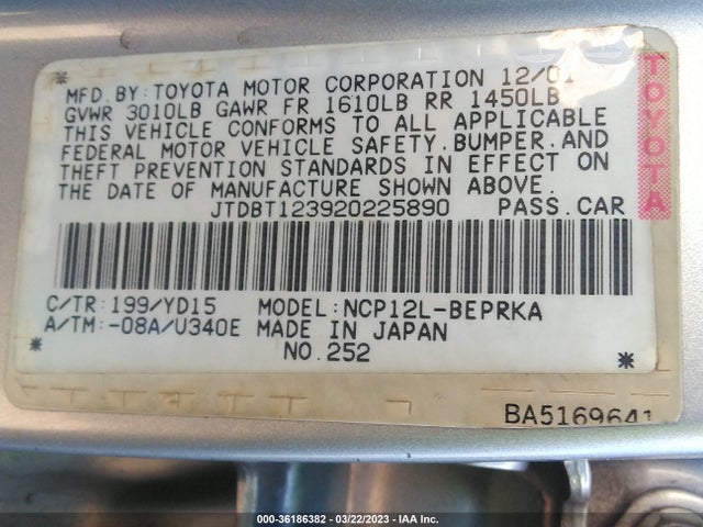 2002 TOYOTA ECHO VIN: JTDBT123920225890