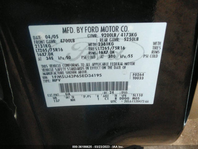 2005 FORD EXCURSION LIMITED VIN: 1FMSU43P65ED34195