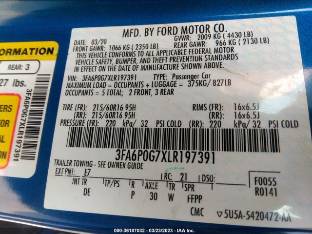 Ford FUSION S 2020 3FA6P0G7XLR197391 Image 9