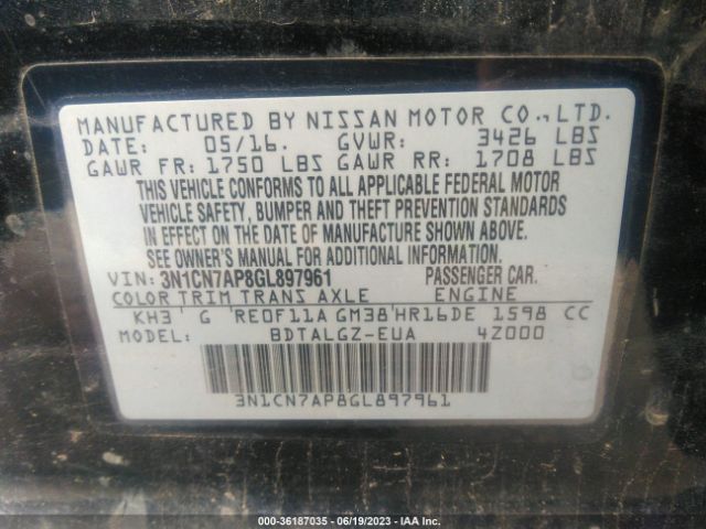 3N1CN7AP8GL897961 Nissan Versa Sl