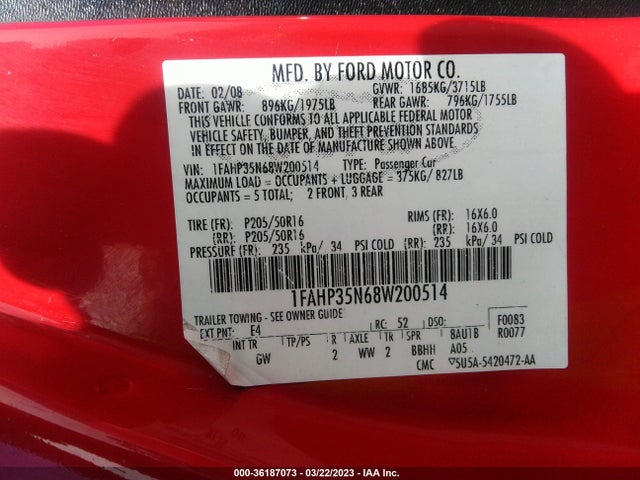 2008 FORD FOCUS SE/SES VIN: 1FAHP35N68W200514