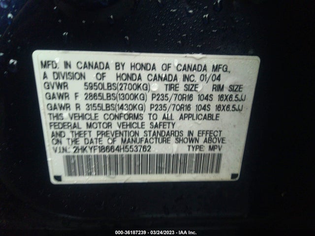 2004 HONDA PILOT EX VIN: 2HKYF18664H553762