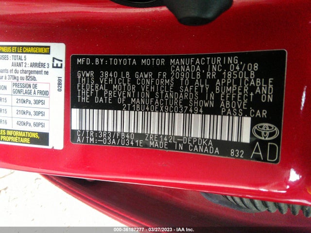 2009 TOYOTA COROLLA VIN: 2T1BU40EX9C037494