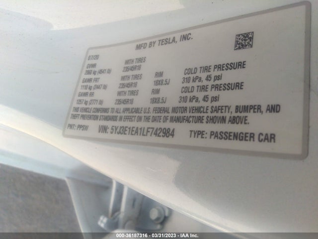 Tesla Model 3 Standard Range 2020 5YJ3E1EA1LF742984 Image 9