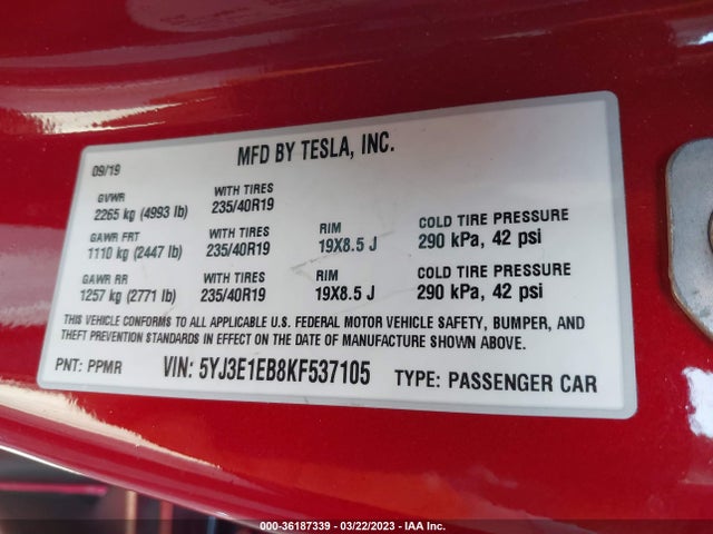 Tesla Model 3 Long Range/performance 2019 5YJ3E1EB8KF537105 Image 10