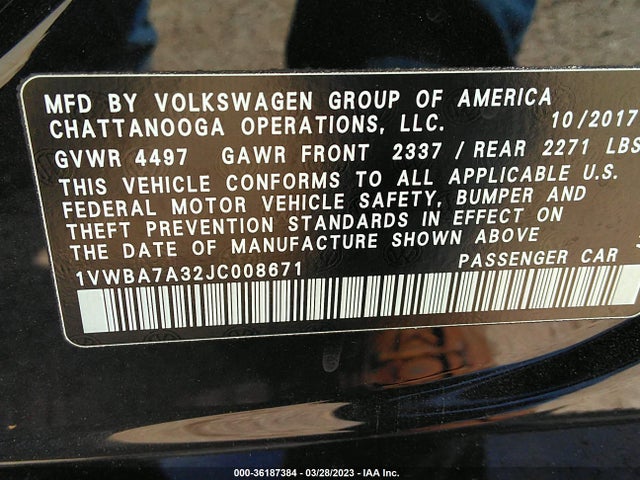 2018 VOLKSWAGEN PASSAT 2.0T SE VIN: 1VWBA7A32JC008671