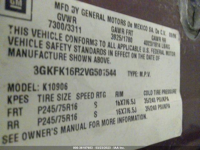 1997 GMC SUBURBAN VIN: 3GKFK16R2VG501544
