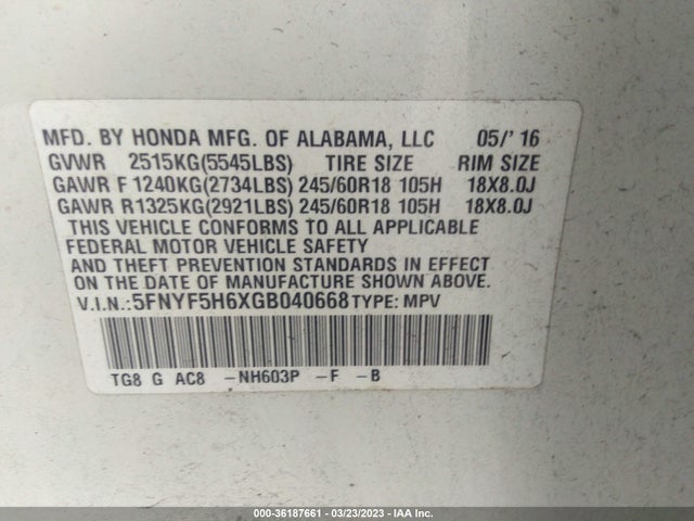 Honda Pilot Ex-l 2016 5FNYF5H6XGB040668 Image 9