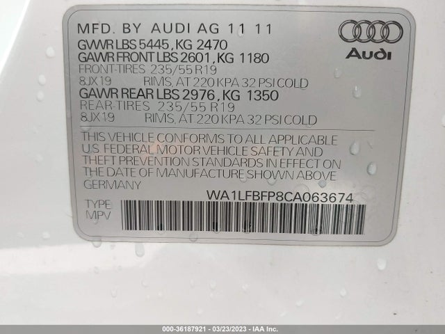 2012 AUDI Q5 2.0T PREMIUM PLUS VIN: WA1LFBFP8CA063674