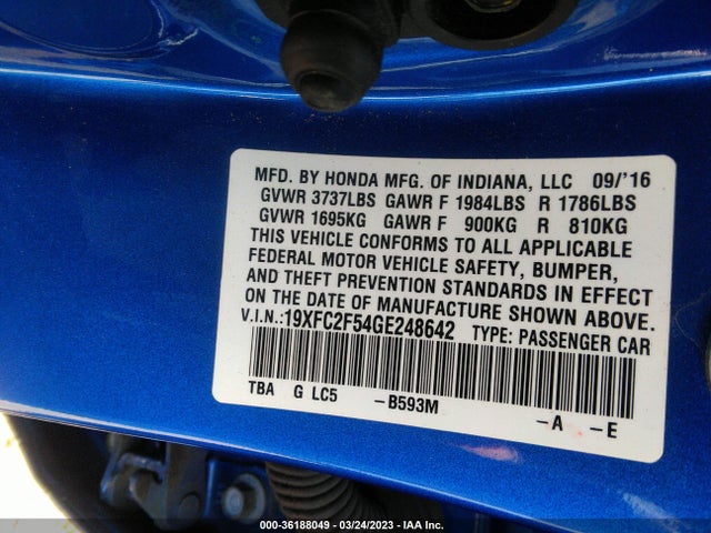 2016 HONDA CIVIC SEDAN LX VIN: 19XFC2F54GE248642