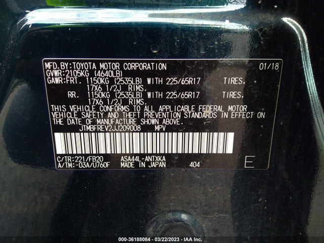 2018 TOYOTA RAV4 LE VIN: JTMBFREV2JJ209008