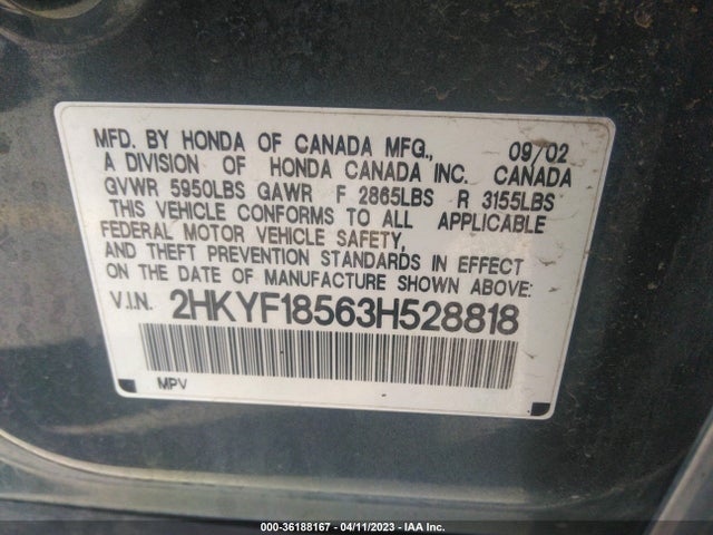 2003 HONDA PILOT EX VIN: 2HKYF18563H528818