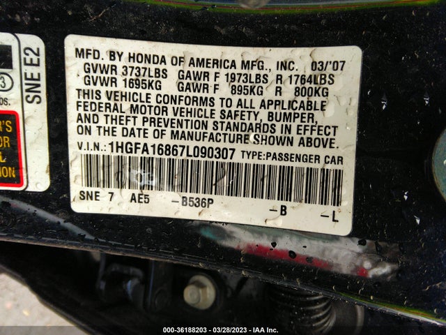 2007 HONDA CIVIC SDN EX VIN: 1HGFA16867L090307