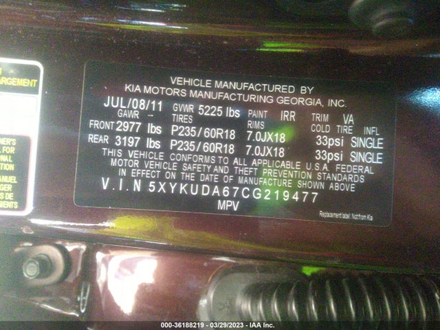 2012 KIA SORENTO EX VIN: 5XYKUDA67CG219477