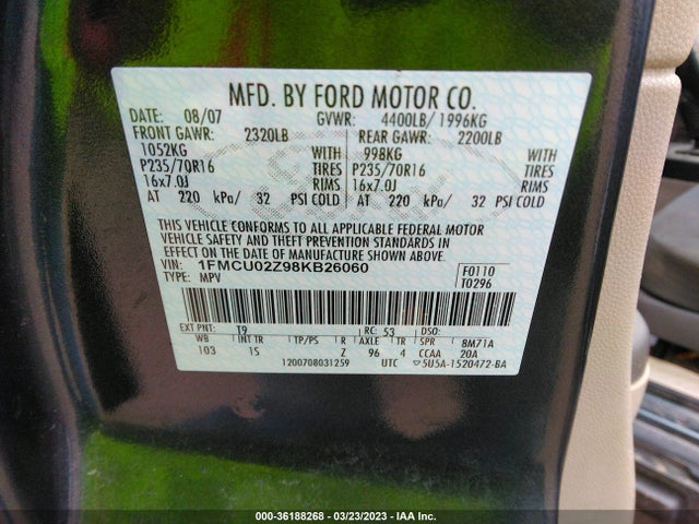 2008 FORD ESCAPE XLS VIN: 1FMCU02Z98KB26060