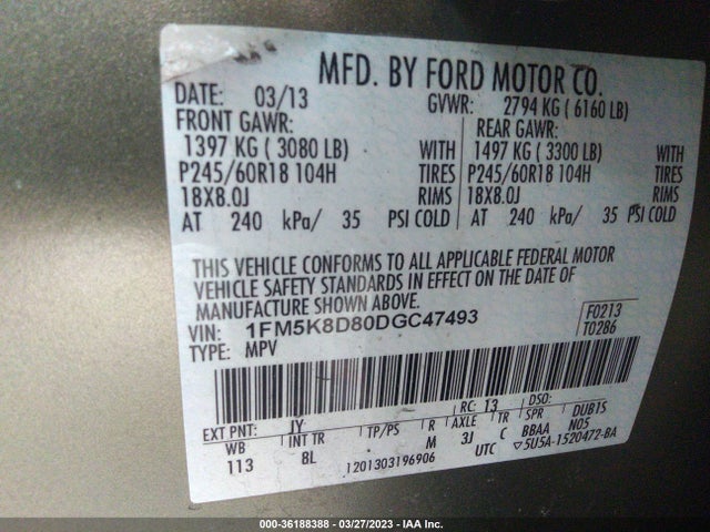2013 FORD EXPLORER XLT VIN: 1FM5K8D80DGC47493