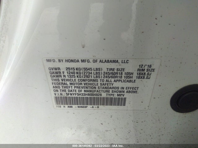 Honda Pilot Ex 2017 5FNYF5H33HB004828 Image 10
