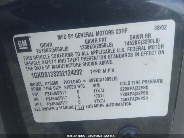2003 GMC ENVOY SLE VIN: 1GKDS13S232124282