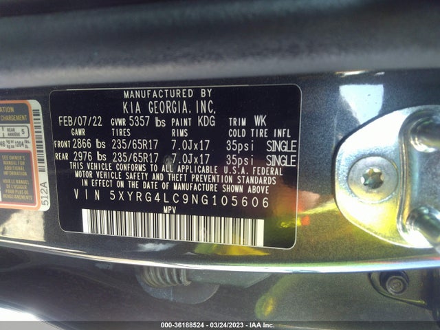 2022 Kia Sorento, VIN: 5XYRG4LC9NG105606