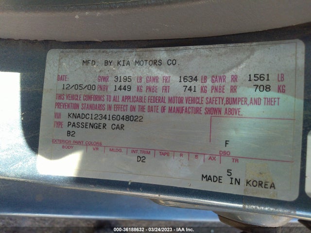 2001 KIA RIO VIN: KNADC123416048022