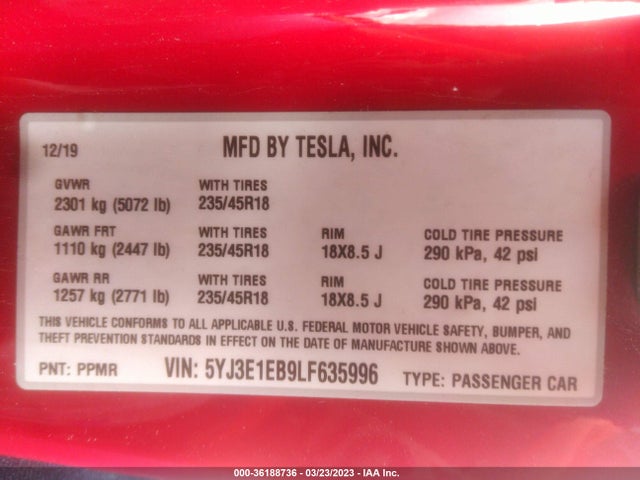 Tesla Model 3 Long Range 2020 5YJ3E1EB9LF635996 Image 9