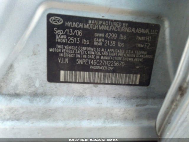 2007 HYUNDAI SONATA GLS VIN: 5NPET46C27H225670