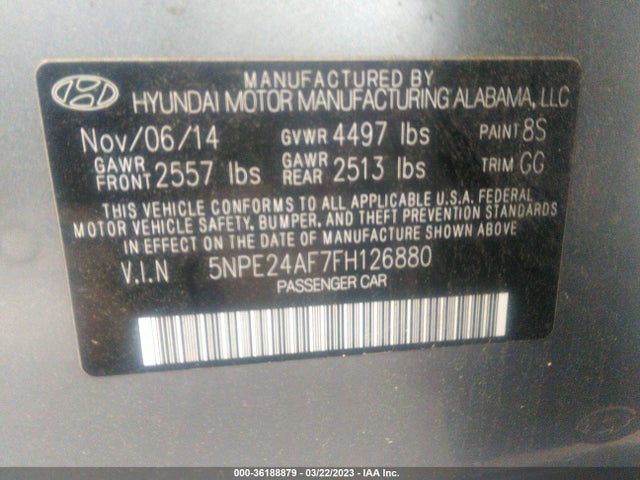 2015 HYUNDAI SONATA 2.4L SE VIN: 5NPE24AF7FH126880