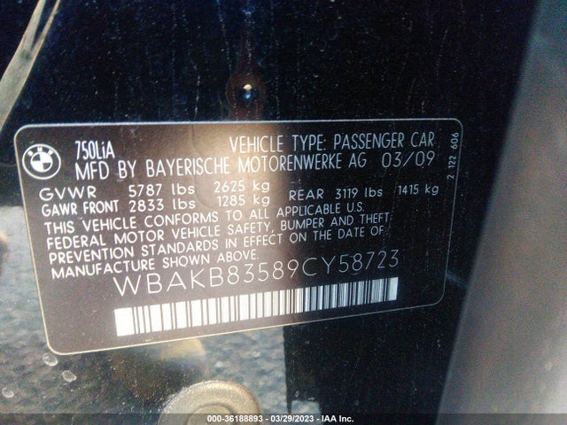 2009 BMW 7 SERIES 750LI VIN: WBAKB83589CY58723