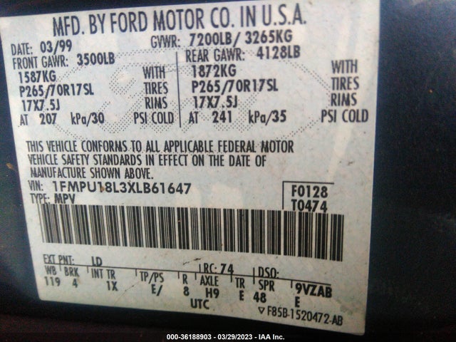 1999 FORD EXPEDITION EDDIE BAUER/XLT VIN: 1FMPU18L3XLB61647
