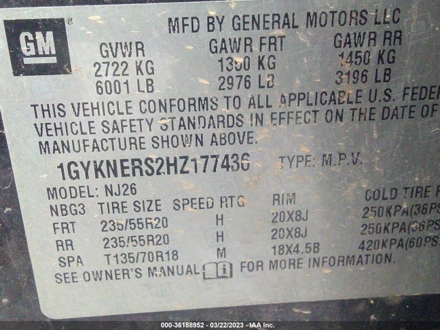 1GYKNERS2HZ177436 Cadillac Xt5 Premium Luxury Awd